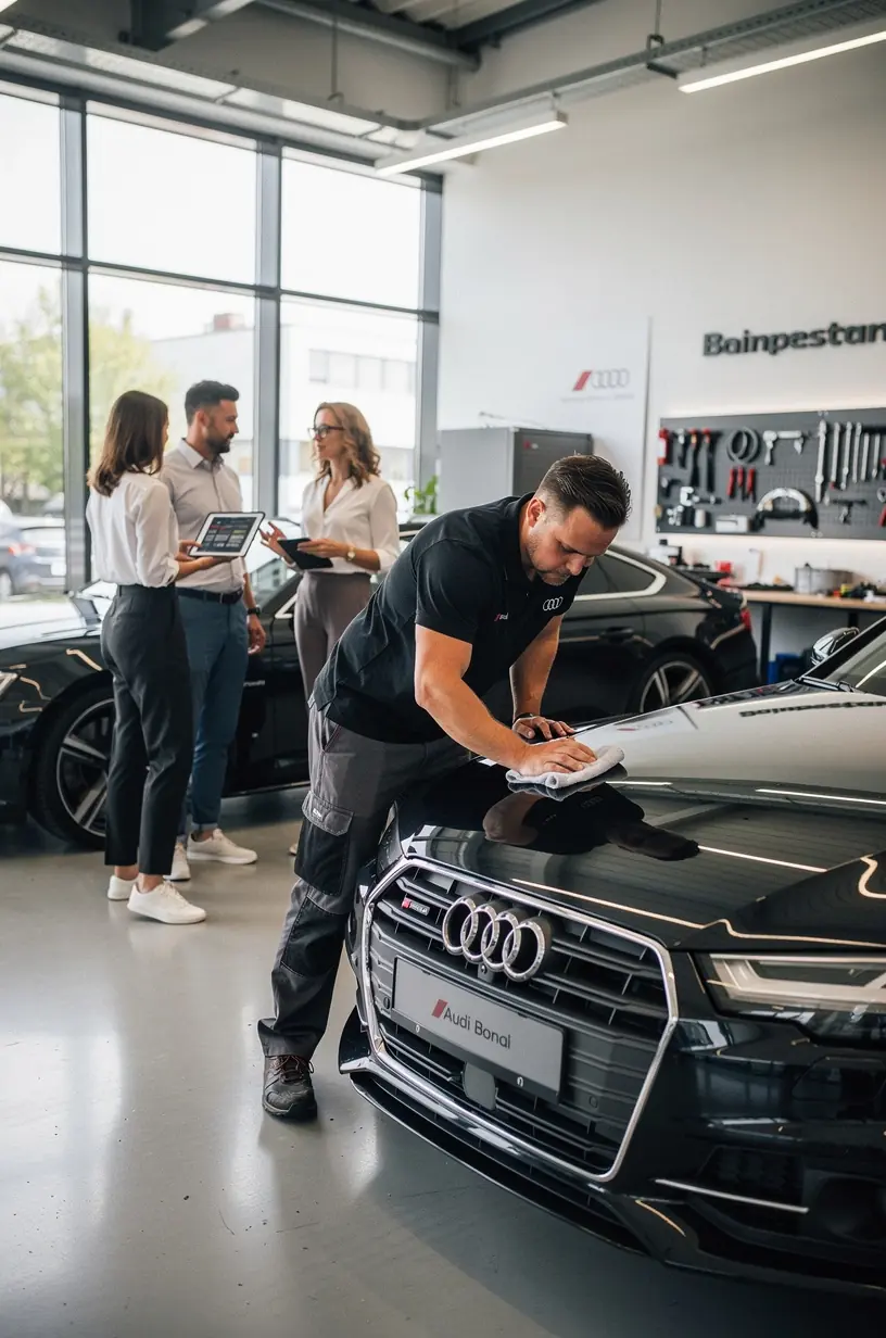 Techniker überprüft präzise Motorleistung mit spezialisierter Ausrüstung in einer Premium-Autowerkstatt in Deutschland
